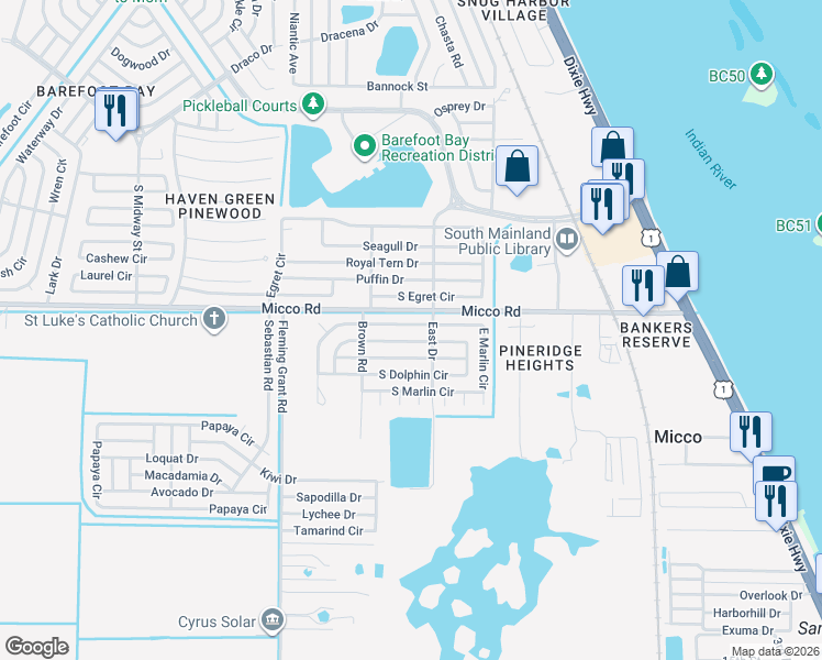 map of restaurants, bars, coffee shops, grocery stores, and more near 515 Egret Circle in Micco