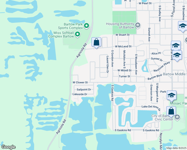 map of restaurants, bars, coffee shops, grocery stores, and more near 1555 Meadows Pond Drive in Bartow
