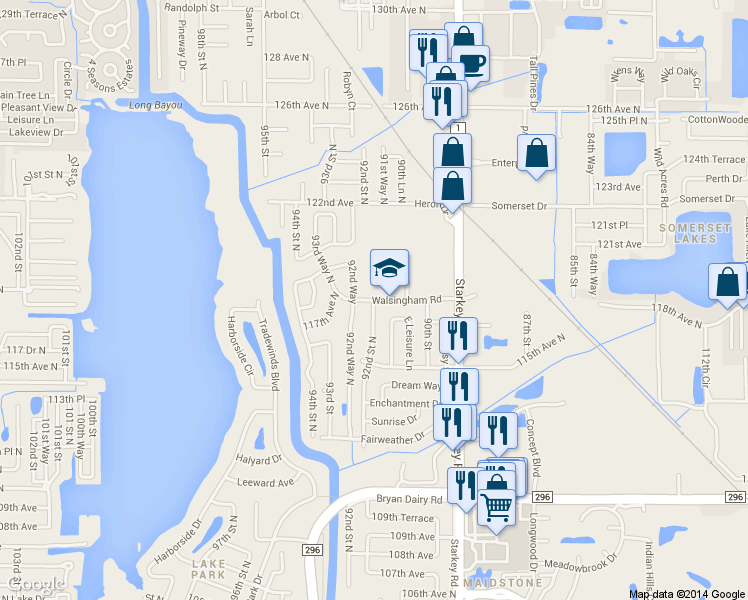 map of restaurants, bars, coffee shops, grocery stores, and more near 9199 Walsingham Road in Largo