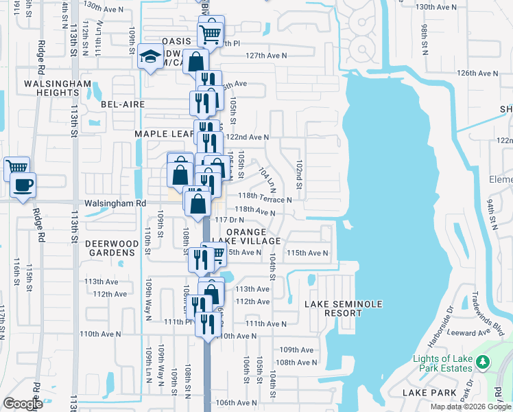 map of restaurants, bars, coffee shops, grocery stores, and more near 10425 118th Terrace North in Largo