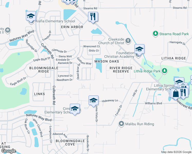 map of restaurants, bars, coffee shops, grocery stores, and more near 4144 Quail Briar Drive in Valrico