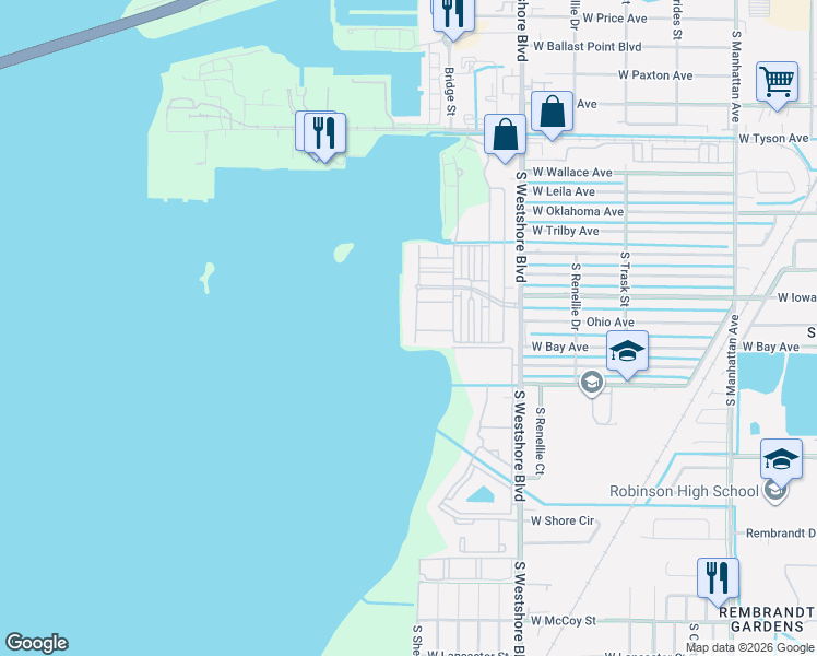 map of restaurants, bars, coffee shops, grocery stores, and more near 6019 Beacon Shores Street in Tampa