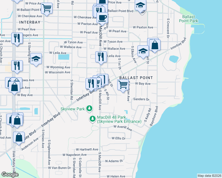 map of restaurants, bars, coffee shops, grocery stores, and more near 6016 Interbay Boulevard in Tampa