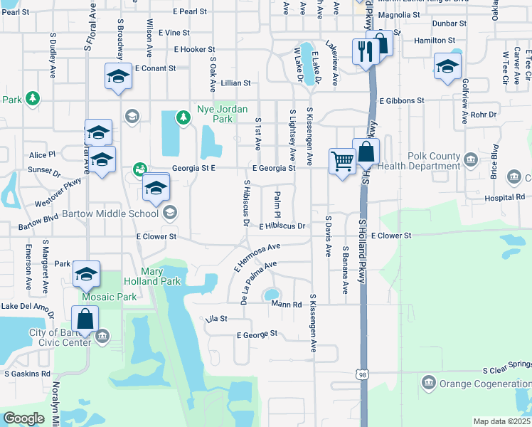 map of restaurants, bars, coffee shops, grocery stores, and more near 1565 Palm Place in Bartow
