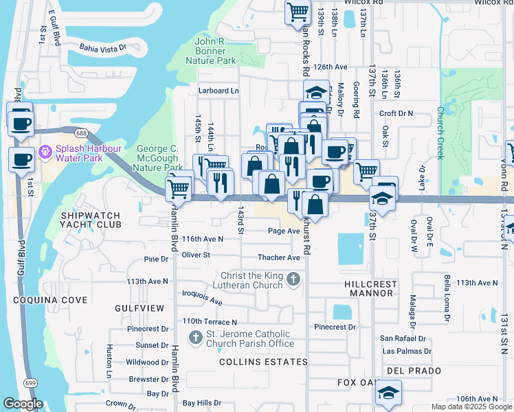 map of restaurants, bars, coffee shops, grocery stores, and more near in Largo