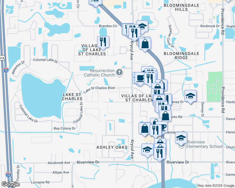 map of restaurants, bars, coffee shops, grocery stores, and more near 7009 Potomac Circle in Riverview