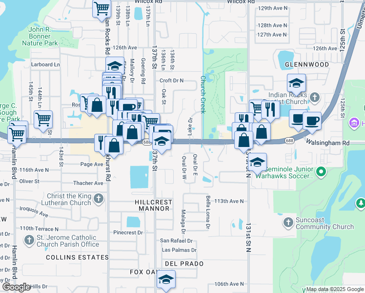 map of restaurants, bars, coffee shops, grocery stores, and more near 13489 Walsingham Road in Largo