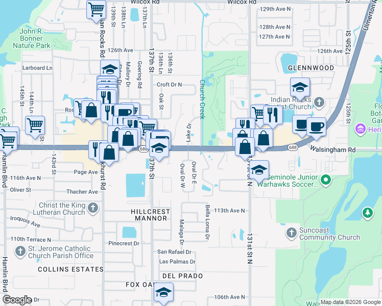 map of restaurants, bars, coffee shops, grocery stores, and more near 13489 Walsingham Road in Largo