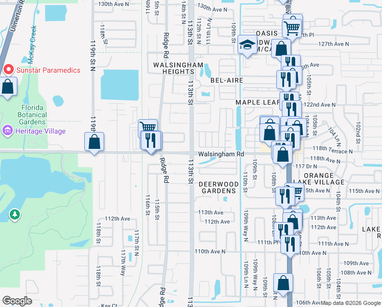 map of restaurants, bars, coffee shops, grocery stores, and more near Walsingham Road & 113th Street in Largo