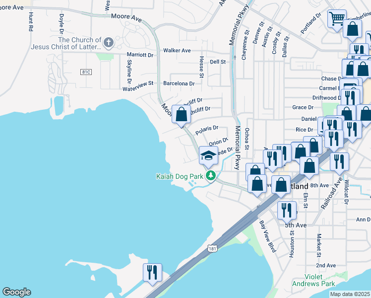 map of restaurants, bars, coffee shops, grocery stores, and more near 1201 Moore Avenue in Portland