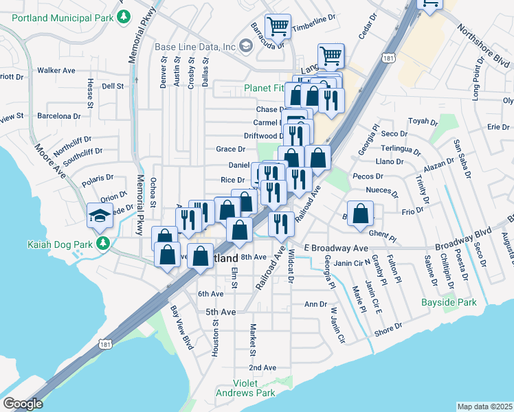 map of restaurants, bars, coffee shops, grocery stores, and more near 1037 U.S. 181 in Portland