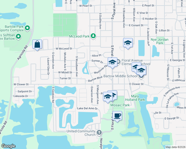 map of restaurants, bars, coffee shops, grocery stores, and more near 675 Westover Parkway in Bartow