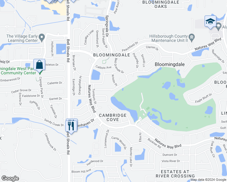 map of restaurants, bars, coffee shops, grocery stores, and more near 4016 Bell Grande Drive in Valrico