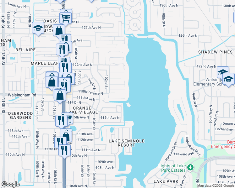 map of restaurants, bars, coffee shops, grocery stores, and more near 10178 Sailwinds Boulevard South in Largo