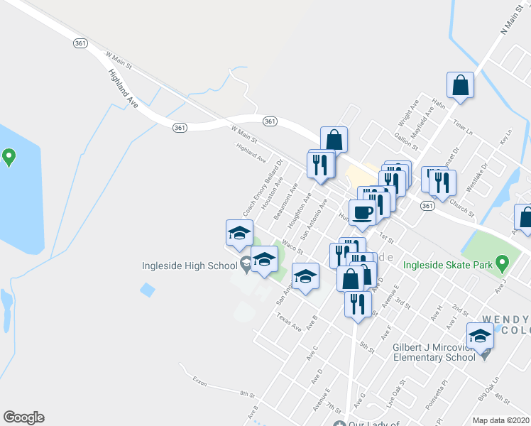 map of restaurants, bars, coffee shops, grocery stores, and more near 2732 Houston Avenue in Ingleside