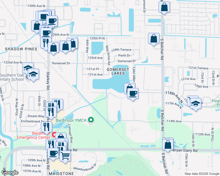map of restaurants, bars, coffee shops, grocery stores, and more near in Largo