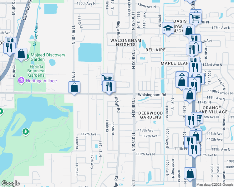 map of restaurants, bars, coffee shops, grocery stores, and more near 11415 Walsingham Road in Largo