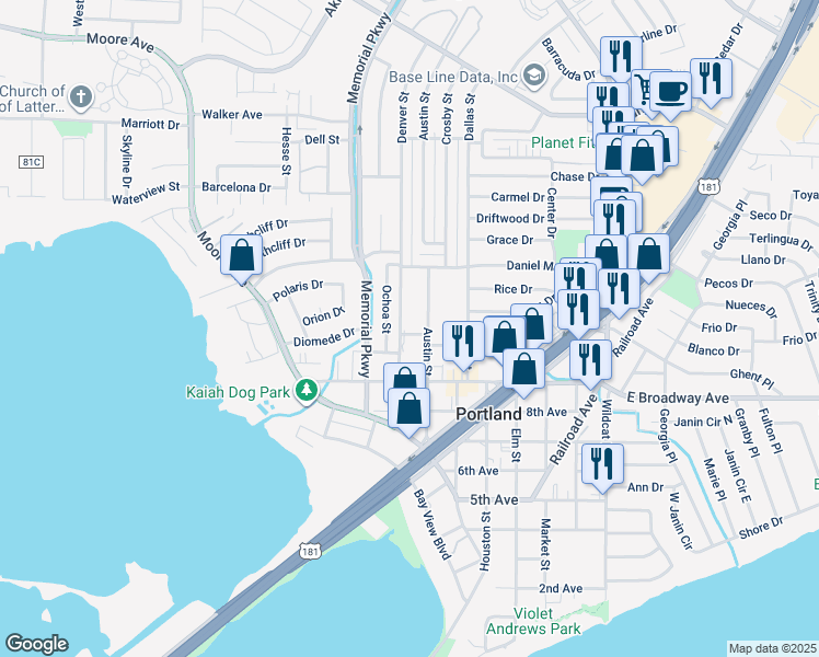 map of restaurants, bars, coffee shops, grocery stores, and more near 1105 Denver Street in Portland