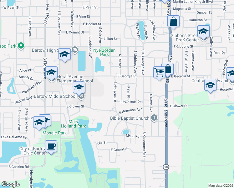 map of restaurants, bars, coffee shops, grocery stores, and more near 1570 South Hibiscus Drive in Bartow