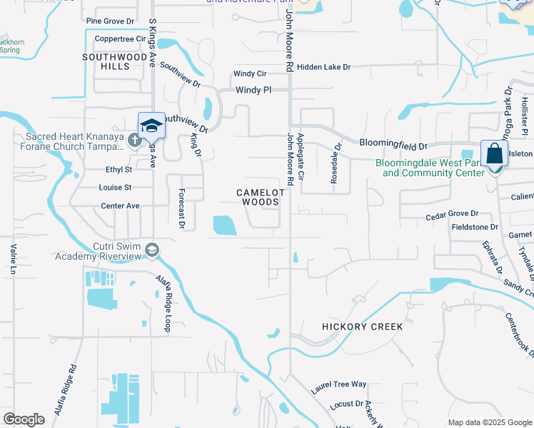 map of restaurants, bars, coffee shops, grocery stores, and more near 32 Camelot Ridge Drive in Brandon