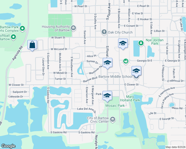 map of restaurants, bars, coffee shops, grocery stores, and more near 1555 Margaret Avenue in Bartow