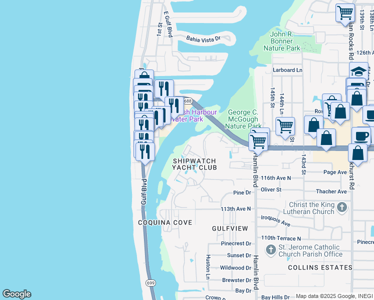 map of restaurants, bars, coffee shops, grocery stores, and more near 11730 Shipwatch Drive in Largo