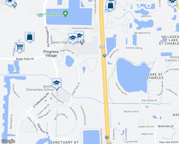 map of restaurants, bars, coffee shops, grocery stores, and more near 9054 Moonlit Meadows Loop in Riverview