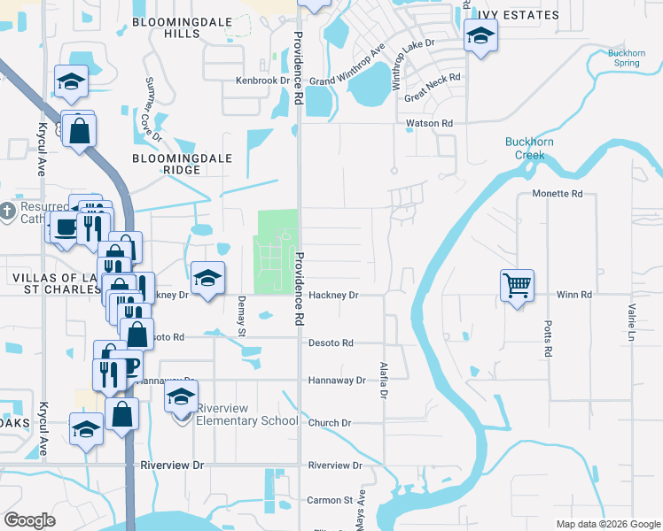 map of restaurants, bars, coffee shops, grocery stores, and more near 11115 Mahin Lane in Riverview