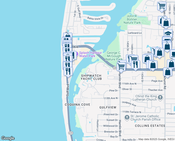 map of restaurants, bars, coffee shops, grocery stores, and more near 11730 Shipwatch Drive in Largo