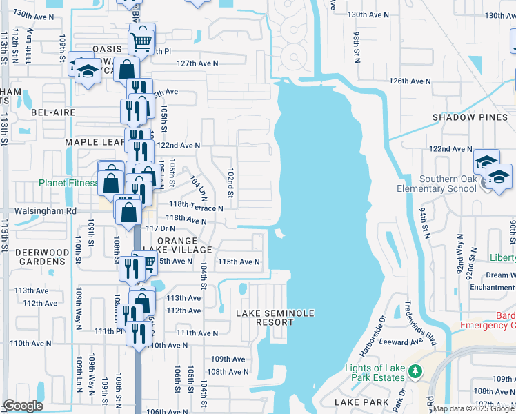map of restaurants, bars, coffee shops, grocery stores, and more near 10155 Sailwinds Boulevard South in Largo