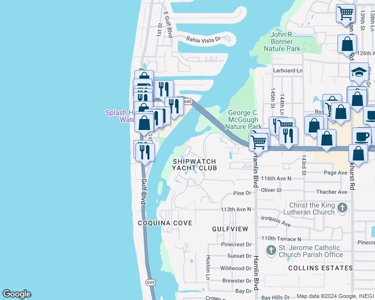 map of restaurants, bars, coffee shops, grocery stores, and more near 11730 Shipwatch Drive in Largo