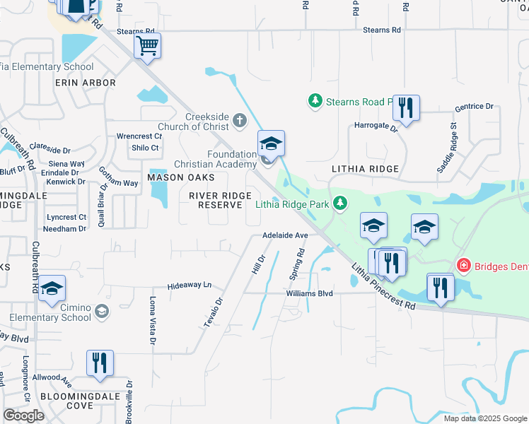 map of restaurants, bars, coffee shops, grocery stores, and more near 2827 Shetland Ridge Drive in Valrico