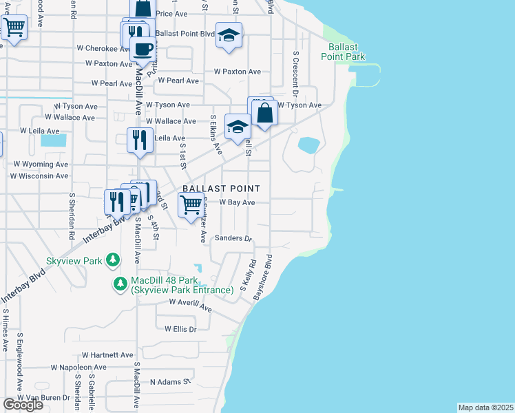 map of restaurants, bars, coffee shops, grocery stores, and more near 2709 West Bay Avenue in Tampa