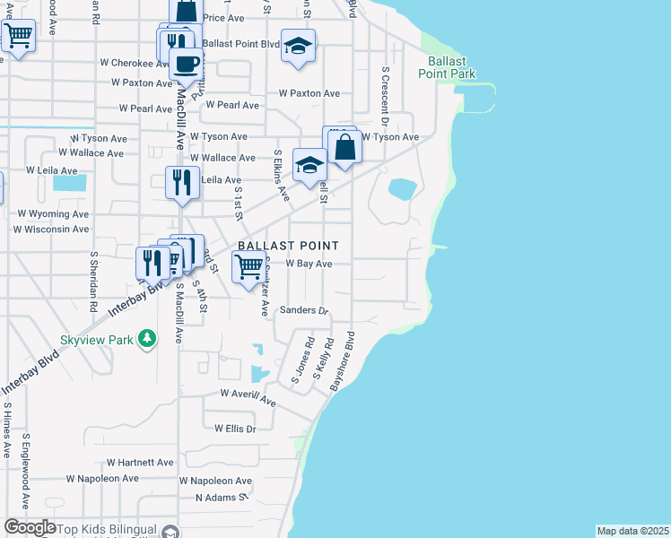 map of restaurants, bars, coffee shops, grocery stores, and more near 2709 West Bay Avenue in Tampa