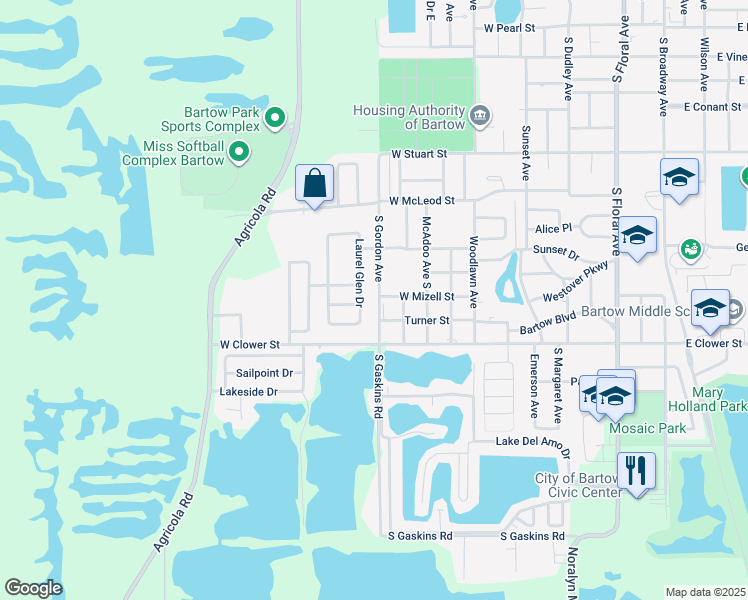 map of restaurants, bars, coffee shops, grocery stores, and more near 1270 West Mizell Street in Bartow