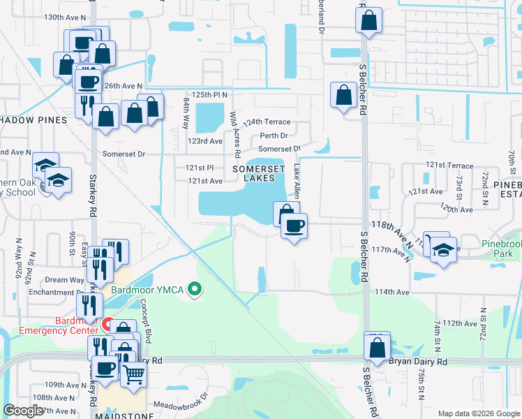 map of restaurants, bars, coffee shops, grocery stores, and more near 8269 118th Avenue in Largo