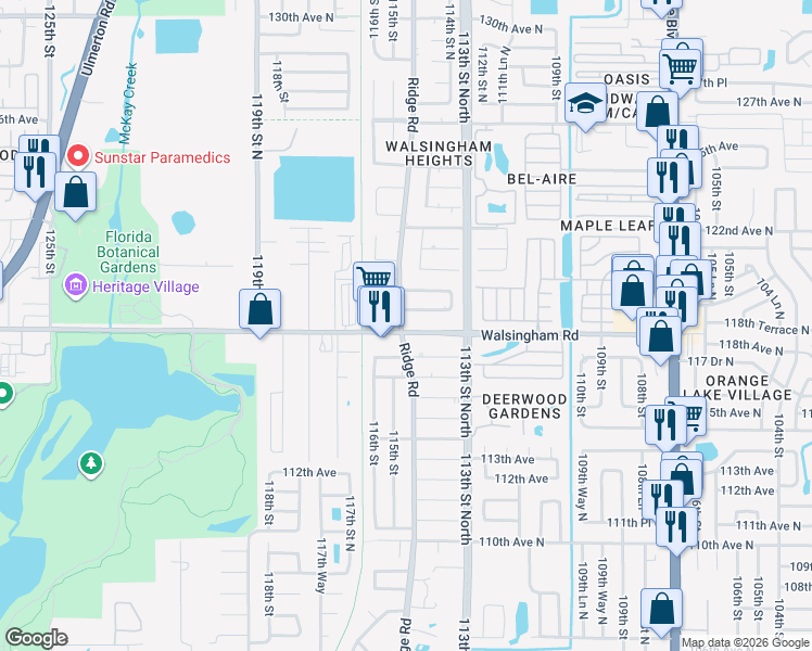 map of restaurants, bars, coffee shops, grocery stores, and more near 11415 Walsingham Road in Largo