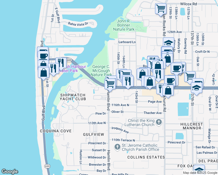 map of restaurants, bars, coffee shops, grocery stores, and more near 13401 Old Indian Rocks Road in Largo