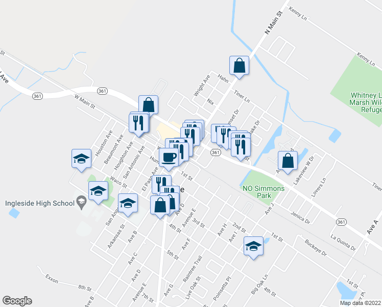 map of restaurants, bars, coffee shops, grocery stores, and more near 2860 South Main Street in Ingleside