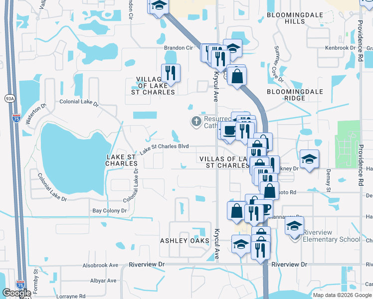 map of restaurants, bars, coffee shops, grocery stores, and more near 7009 Potomac Circle in Riverview