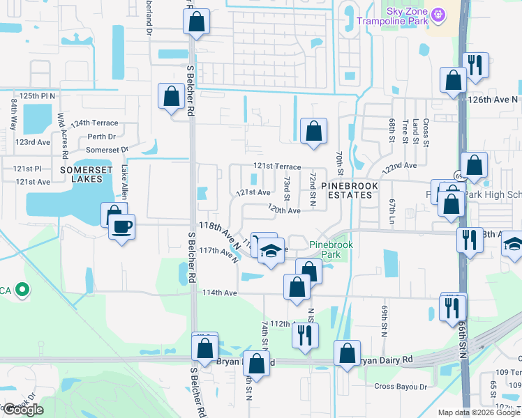 map of restaurants, bars, coffee shops, grocery stores, and more near 7402 120th Avenue in Largo