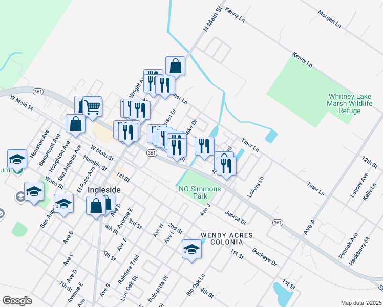 map of restaurants, bars, coffee shops, grocery stores, and more near 2224 Westlake Court in Ingleside