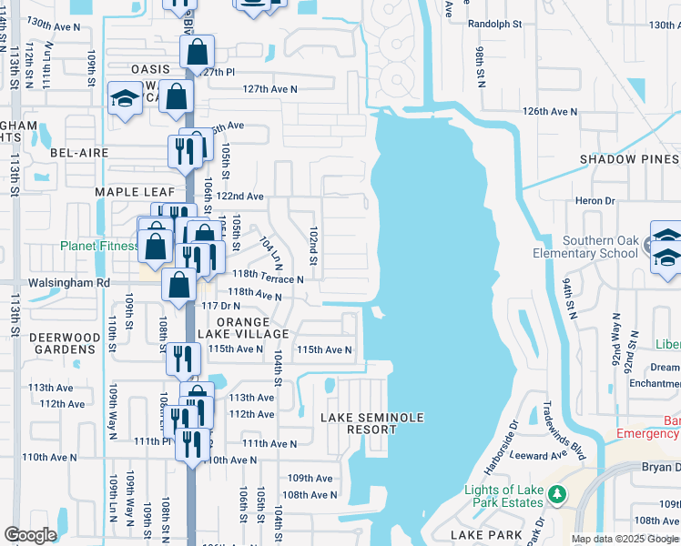 map of restaurants, bars, coffee shops, grocery stores, and more near 10199 Sailwinds Boulevard South in Largo