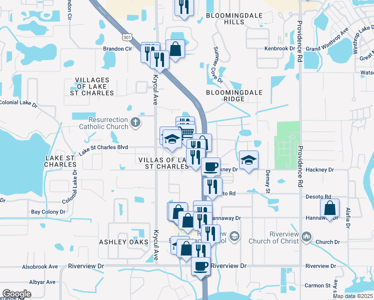 map of restaurants, bars, coffee shops, grocery stores, and more near 6929 U.S. 301 in Riverview