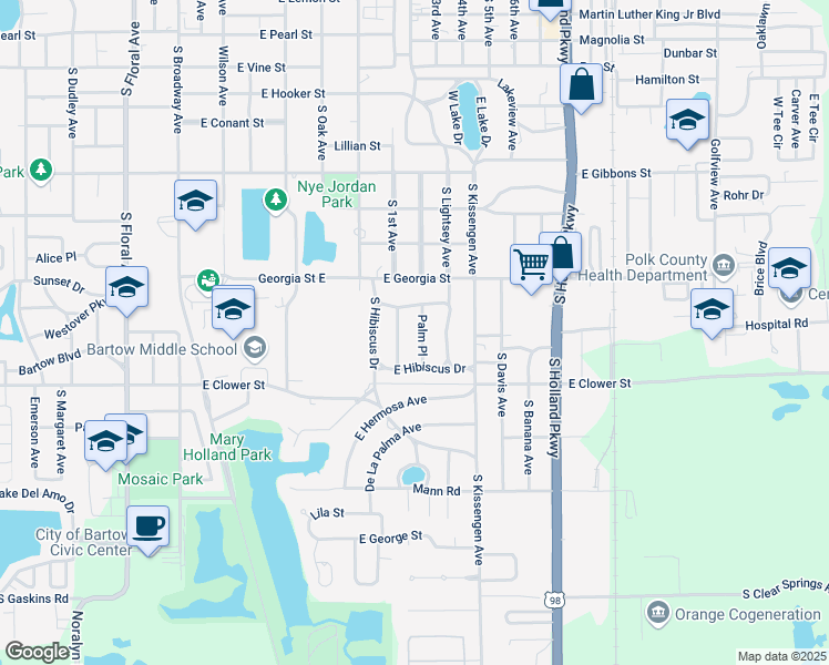 map of restaurants, bars, coffee shops, grocery stores, and more near 1565 Palm Place in Bartow