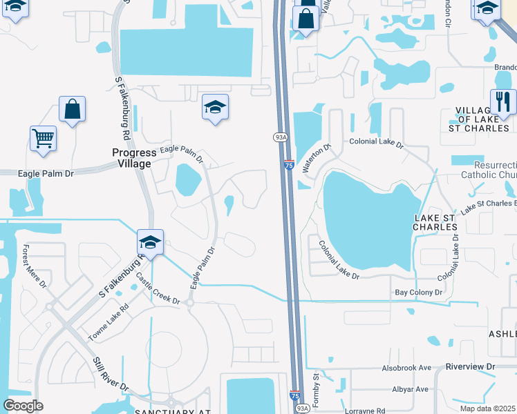 map of restaurants, bars, coffee shops, grocery stores, and more near 9028 Moonlit Meadows Loop in Riverview