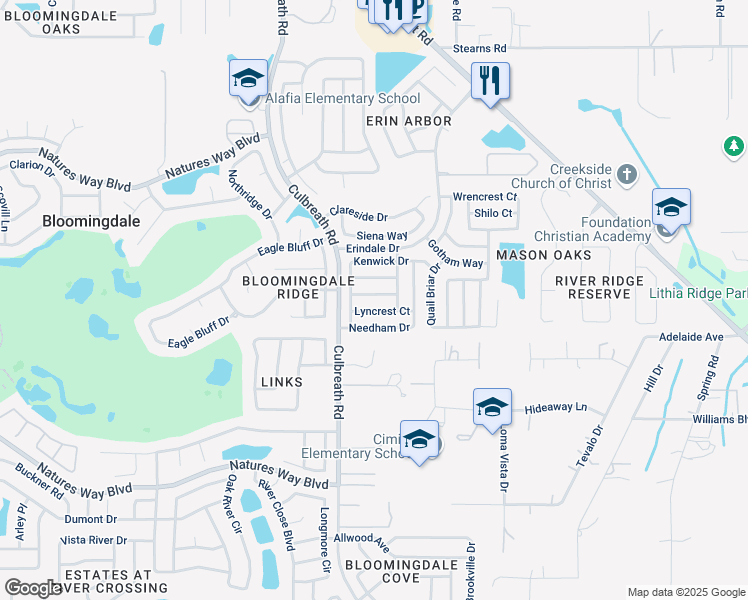 map of restaurants, bars, coffee shops, grocery stores, and more near 2309 Oakhurst Court in Valrico