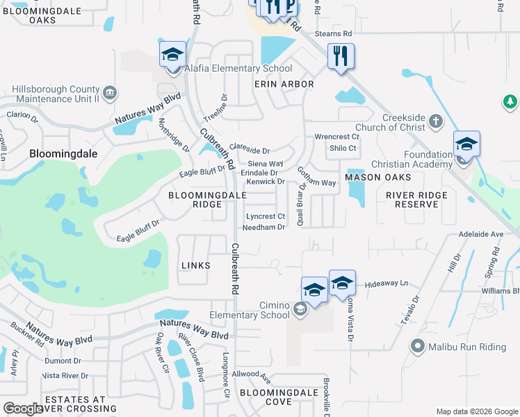map of restaurants, bars, coffee shops, grocery stores, and more near 2303 Oakhurst Court in Valrico