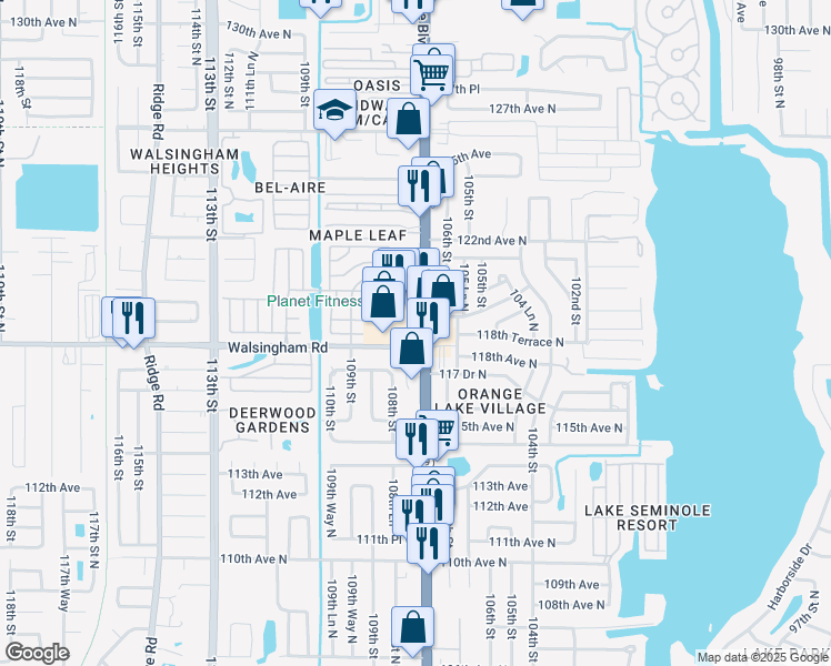 map of restaurants, bars, coffee shops, grocery stores, and more near 11912 Florida 595 in Largo