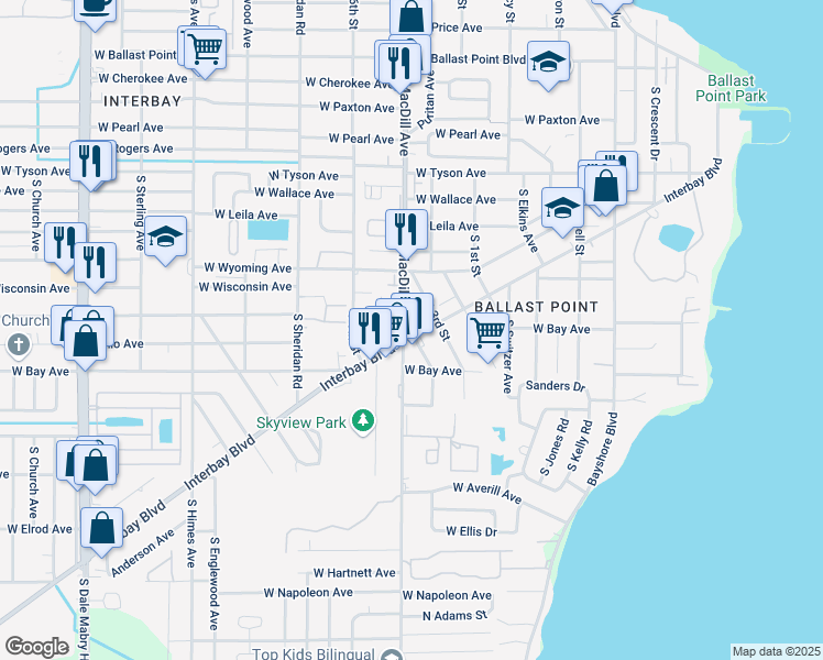 map of restaurants, bars, coffee shops, grocery stores, and more near 6027 Interbay Boulevard in Tampa